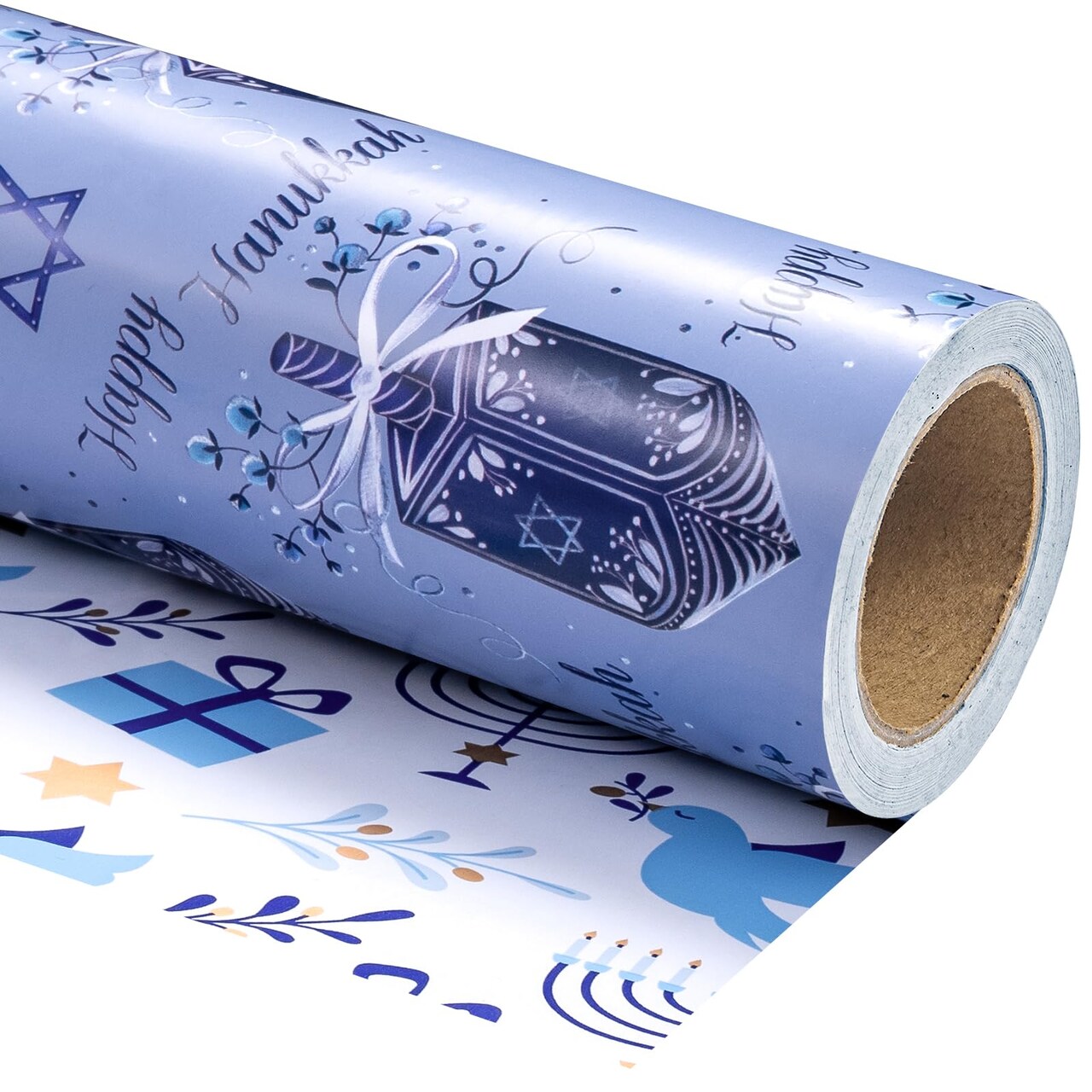 Reversible Hanukkah Wrapping Paper - Mini Roll - 17 Inch x 33 Feet - Dreidels and Menorah Lights Chanukah Wrapping Paper Perfect for Hanukkah, Chanukah, Holiday